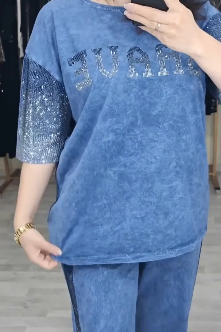 Women's Casual Letter Gradient Rhinestone Knit T-Shirt & Pants