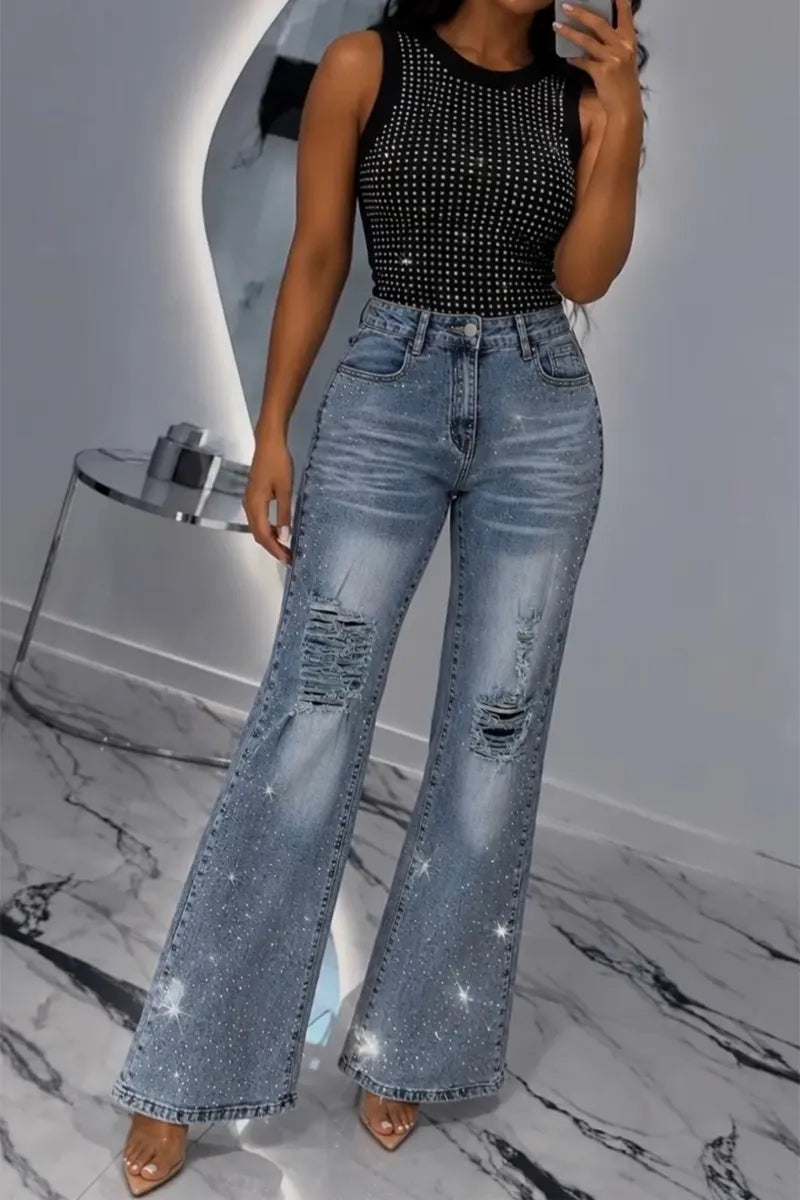 Women's Casual Rhinestone Vest or Washed Ripped Jeans