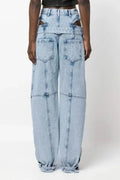 Women Vintage Acid Wash Cut Out Hip Belt Detail Stitched Seam Oversized Wide Leg Denim Trousers