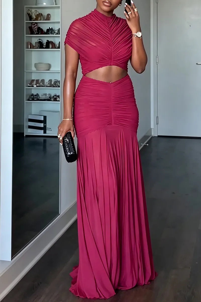 Women's Elegant Party Pleated Cut-Out Decoration Gown Maxi Dress