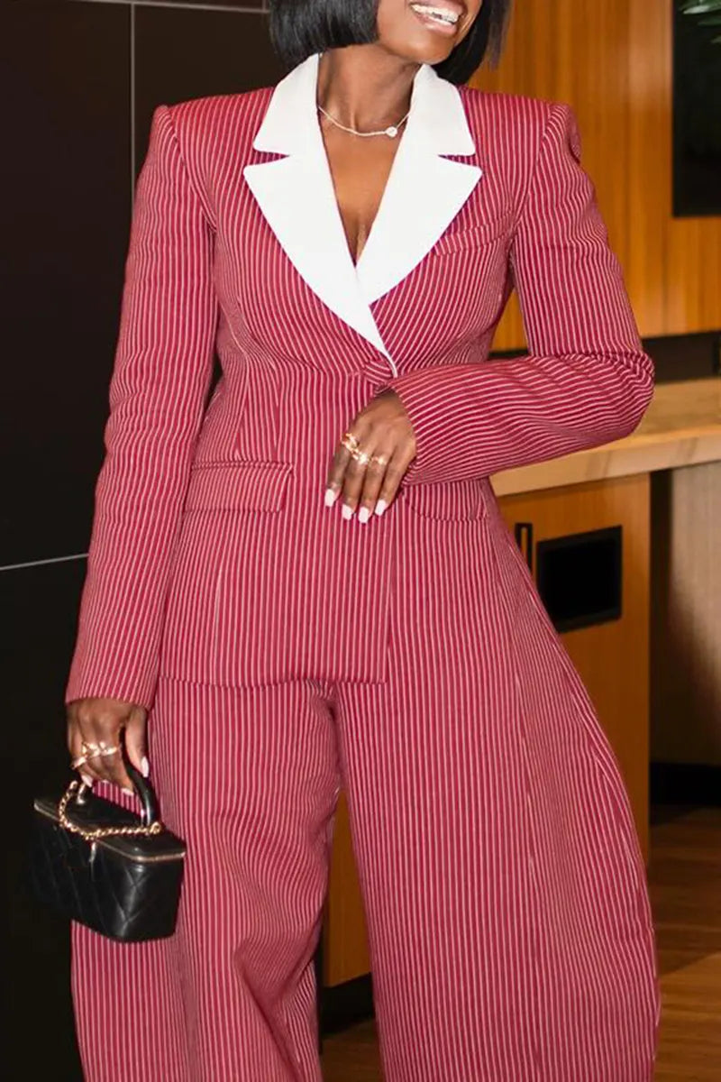 Women's Fashion Color Block Lapel Asymmetric Blazer or Curved Pants