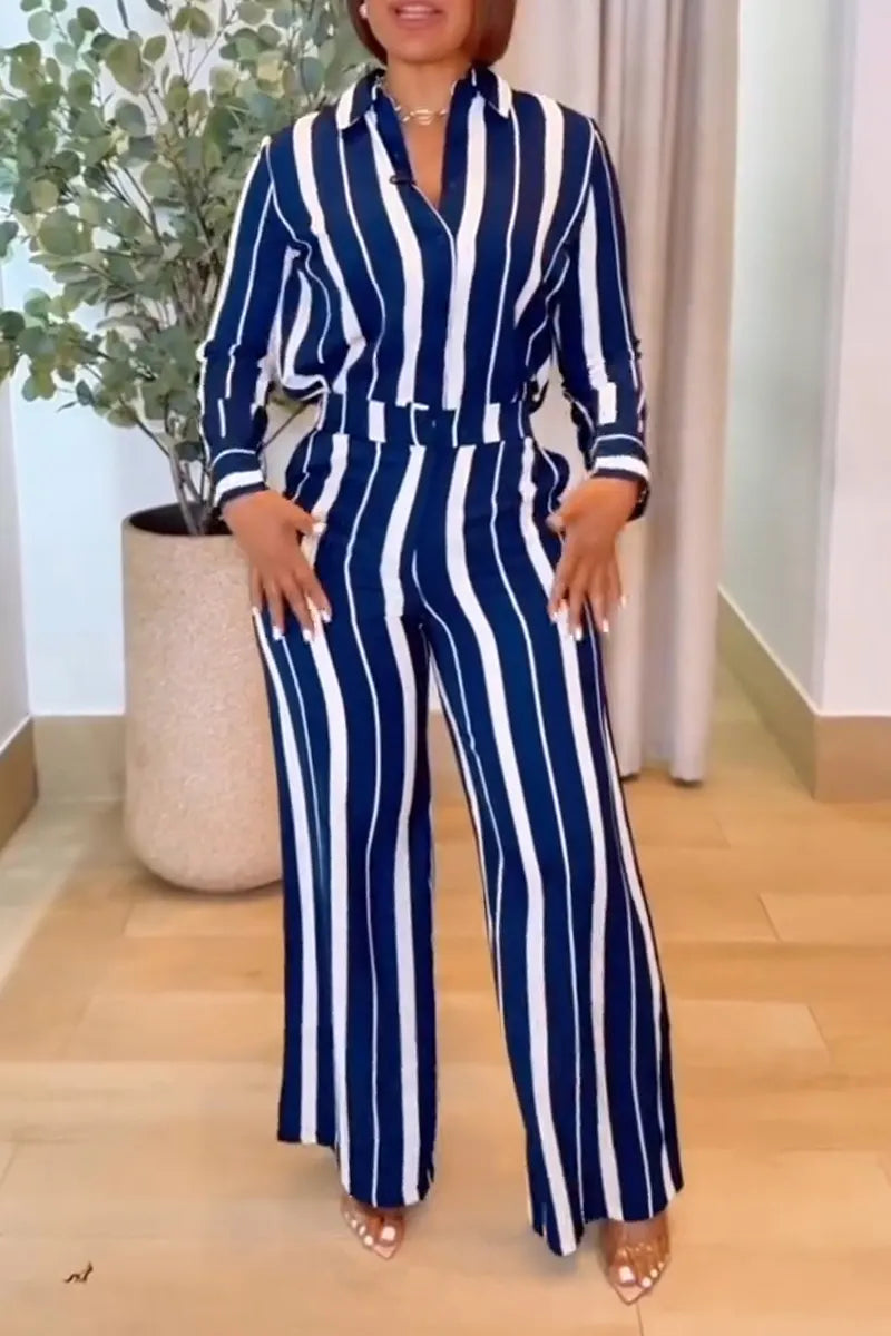 Women's Casual Daily Stripe Shirt Pants Two-Piece Set