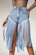 Women Vintage Washed Fringe Overlay Denim Shorts High Rise Front Split Tassel Trim Jean Shorts