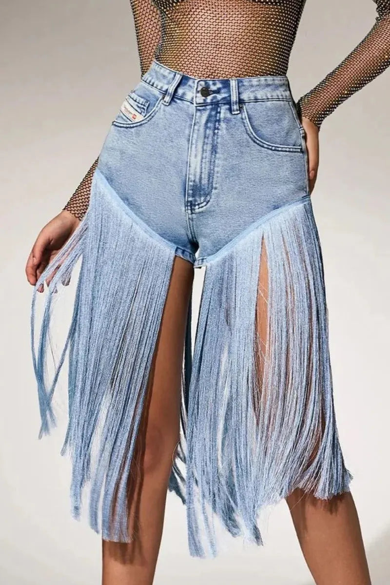 Women Vintage Washed Fringe Overlay Denim Shorts High Rise Front Split Tassel Trim Jean Shorts