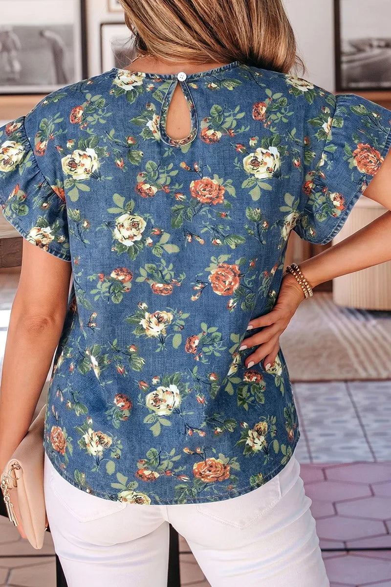 Women's Retro Print Ruffled Denim Top