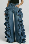 Women's High Waist Ruffle Trim Wide Leg Jeans