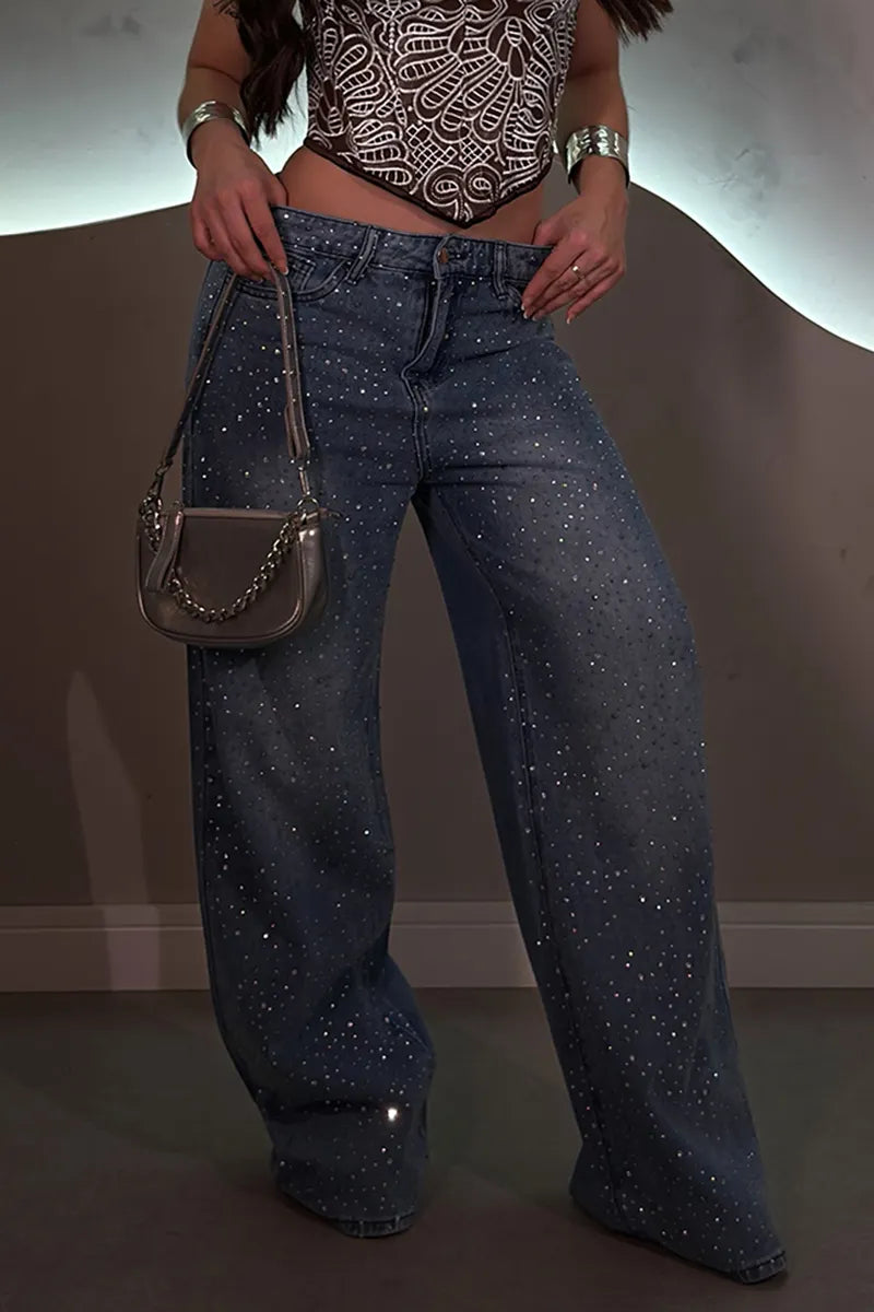 Women's Fashion Shiny Rhinestone Wide Leg Jeans