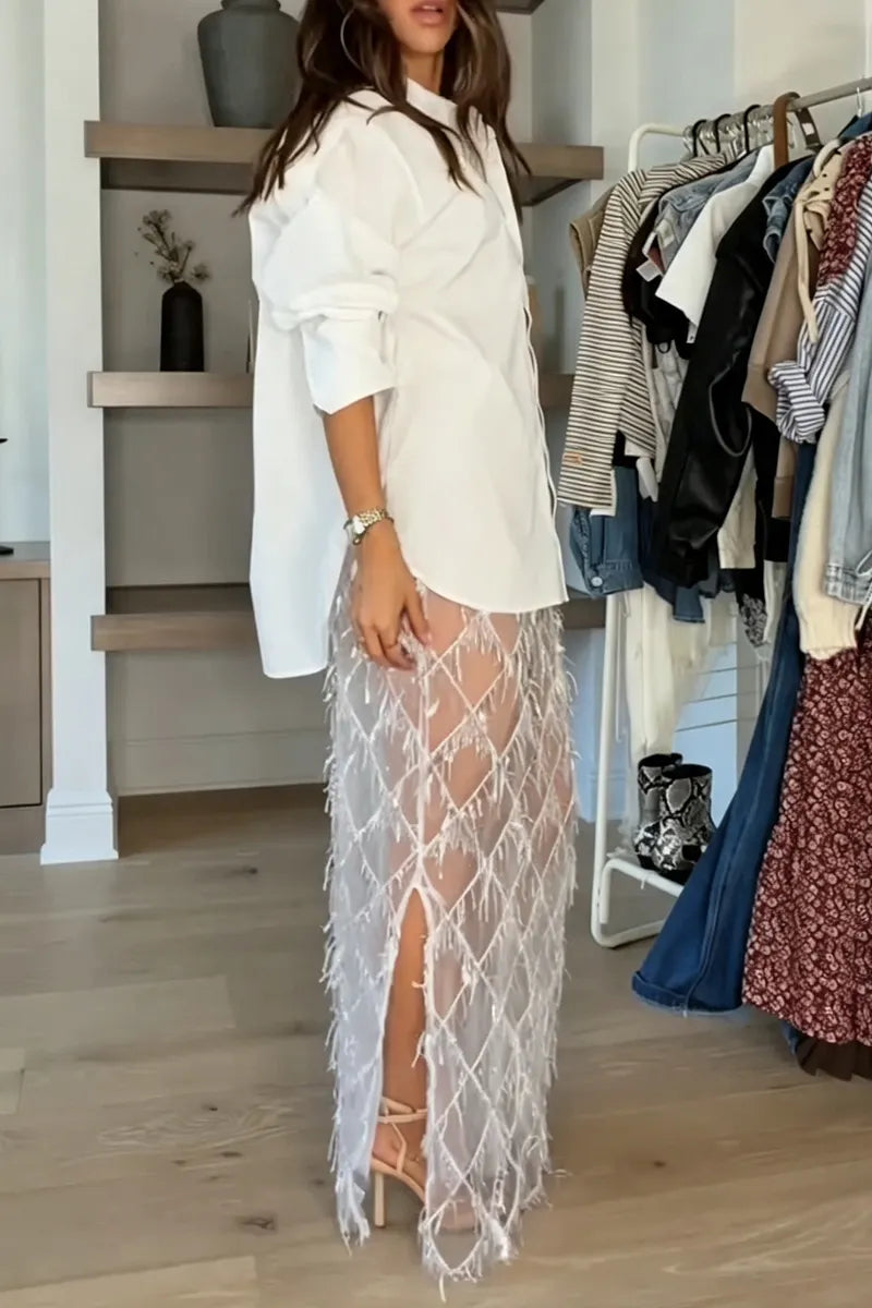Women's Fashion Classic Loose Shirt or Sequins Fringe Skirt