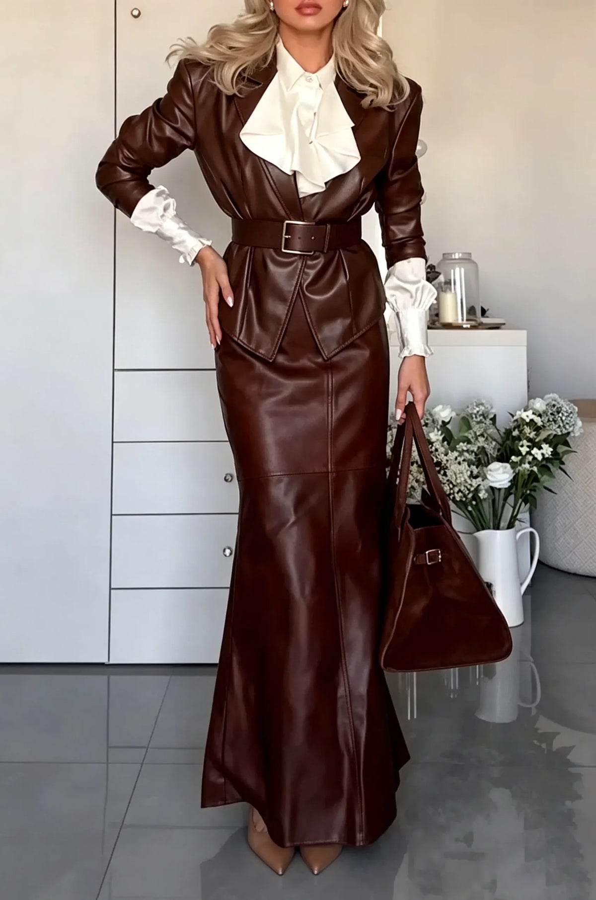 Women's Elegant Lapel Leather Jacket with Belt or Skirt