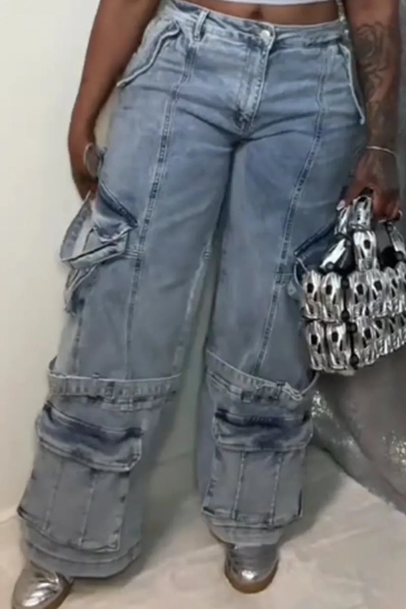 Women's Street Style Wide Leg Cargo Jeans With Multiple Pockets And Drawstring Details
