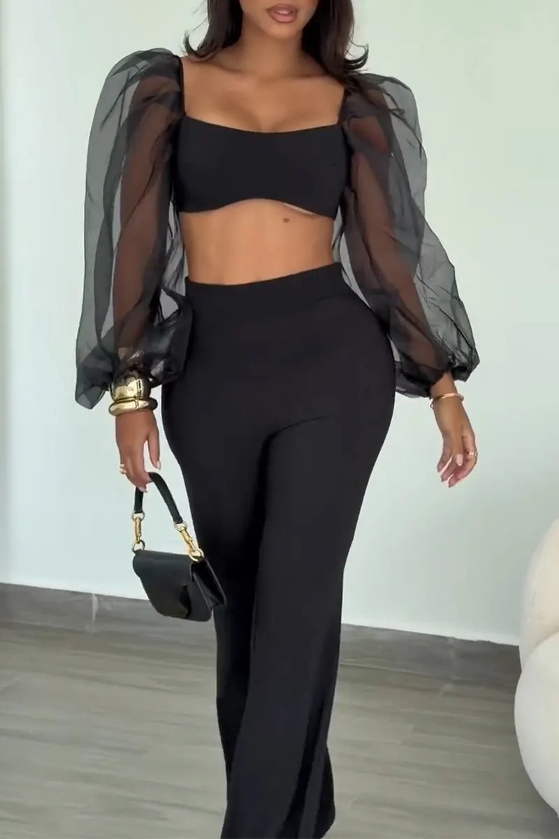 Women's Square Neck Short Patchwork Perspective Bubble Sleeve Top+ Pants Elegant Temperament Set