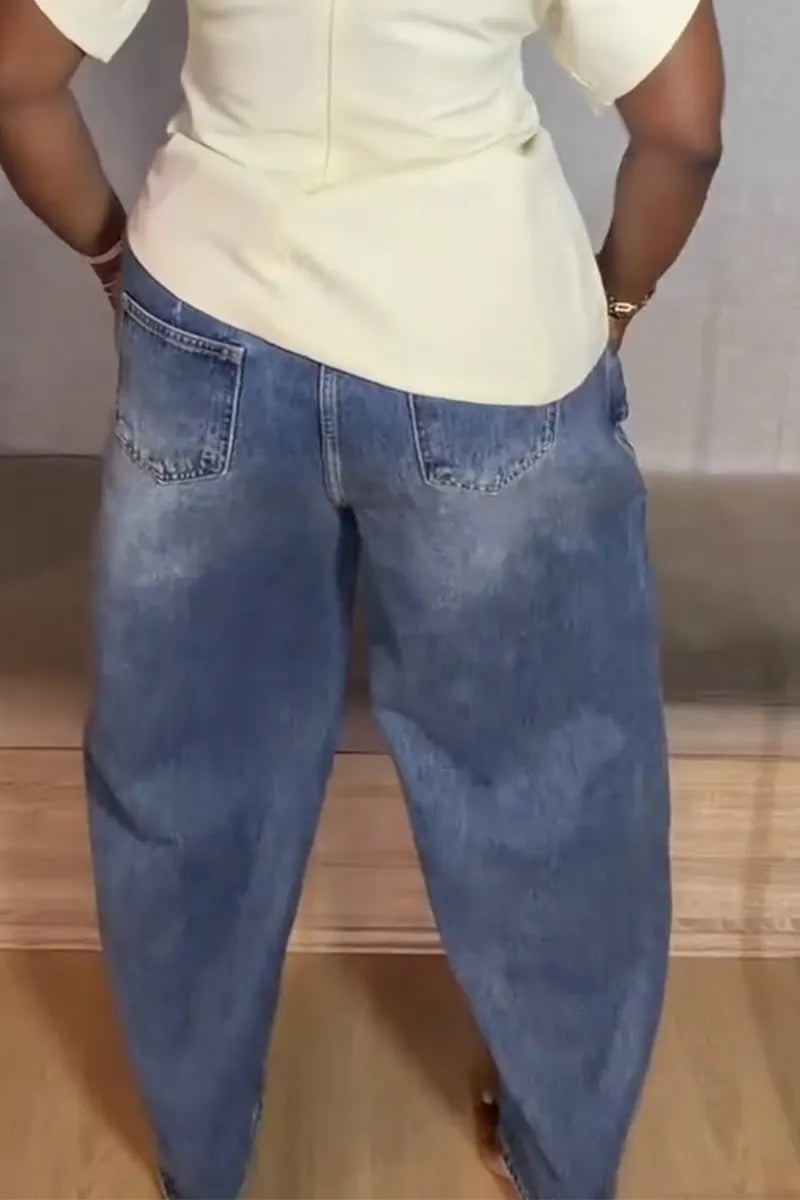 Womens Patchwork Washed Casual Wide Leg Jeans