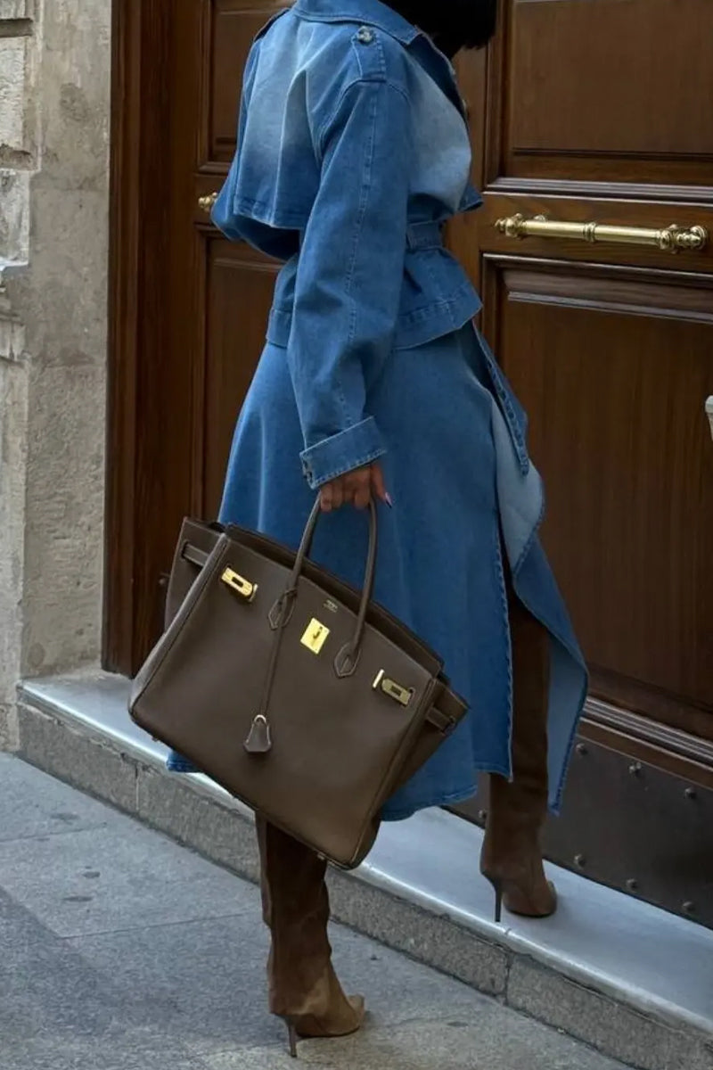 Women's Collar Washed Denim Jacket or Washed Irregular Denim Skirt