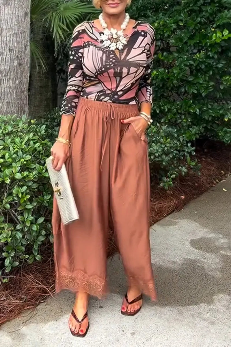 Women's Casual Round Neck Printed Top or Drawstring Wide Leg Pants