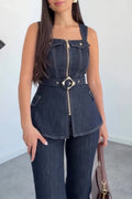 Women's Square Collar Zipper Spliced Denim Top or Jeans