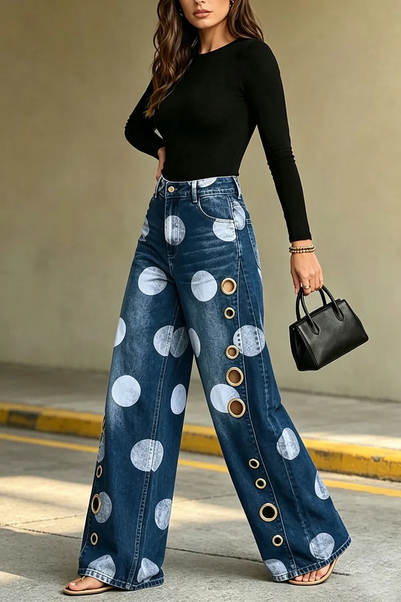 Women's Casual Polka Dot Pattern Metal Hollow-Out Wide Leg Jeans