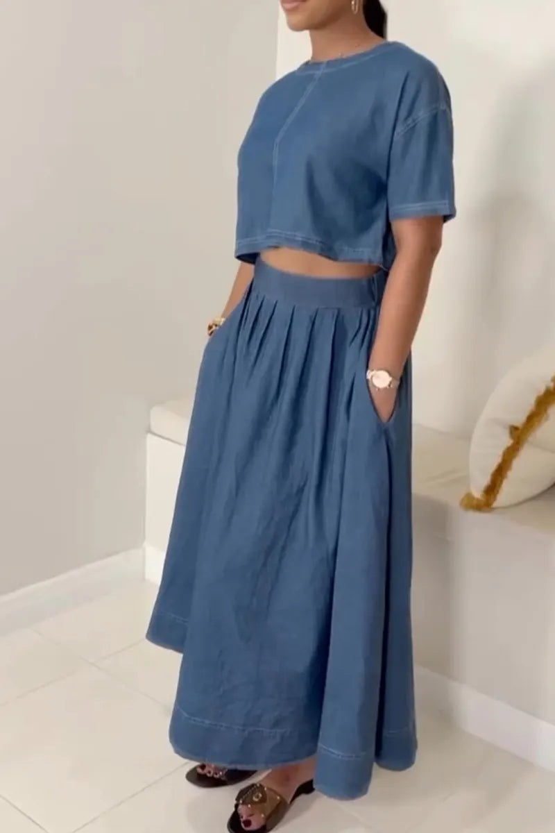 Women's Casual Crew Neck Short Sleeve Denim Top or A-Line Skirt
