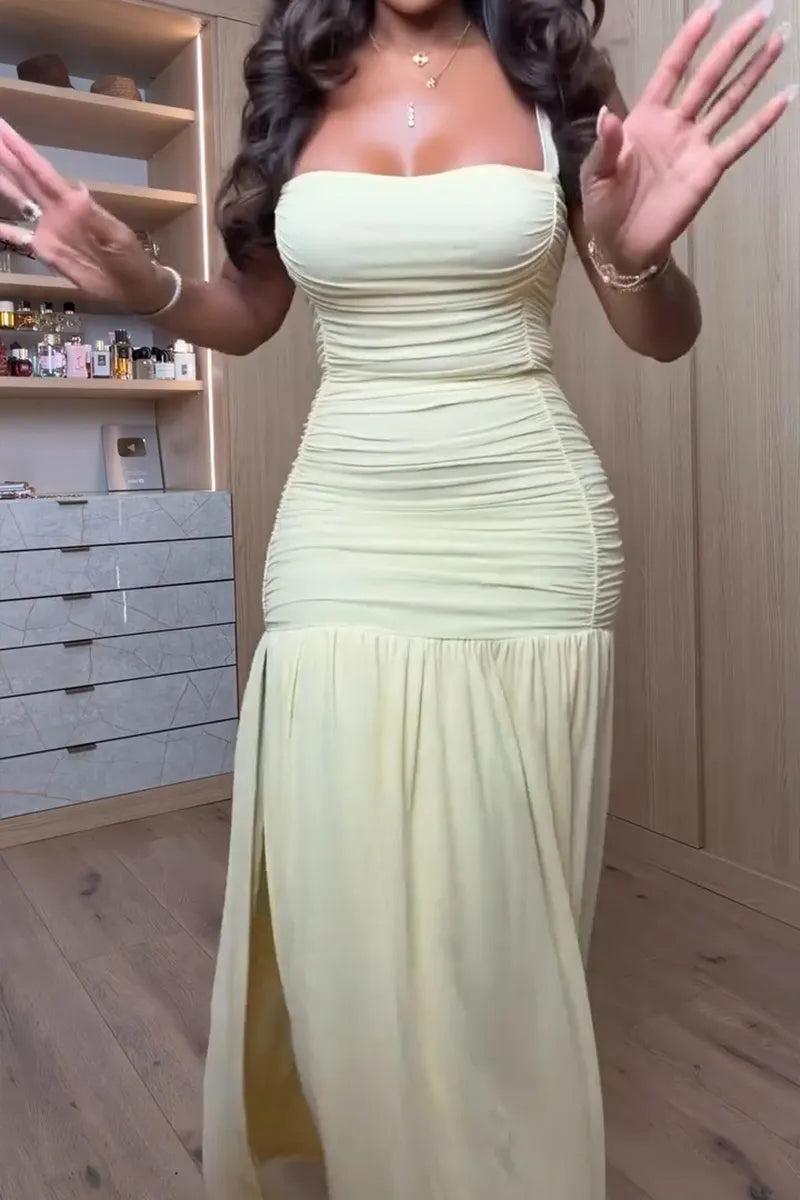 Women's Elegant Pleated Slit Hem Maxi Dress