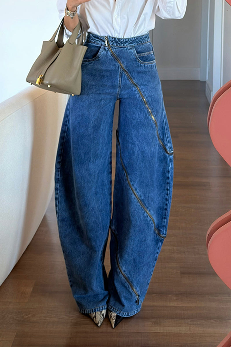 Women's Fashion Zipper Design Barrel Jeans