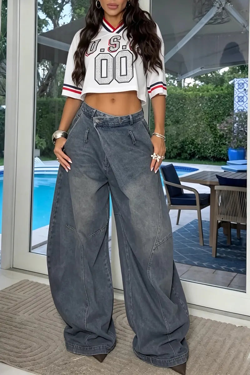 Women's Fashion Asymmetric Waistband Wide Leg Jeans