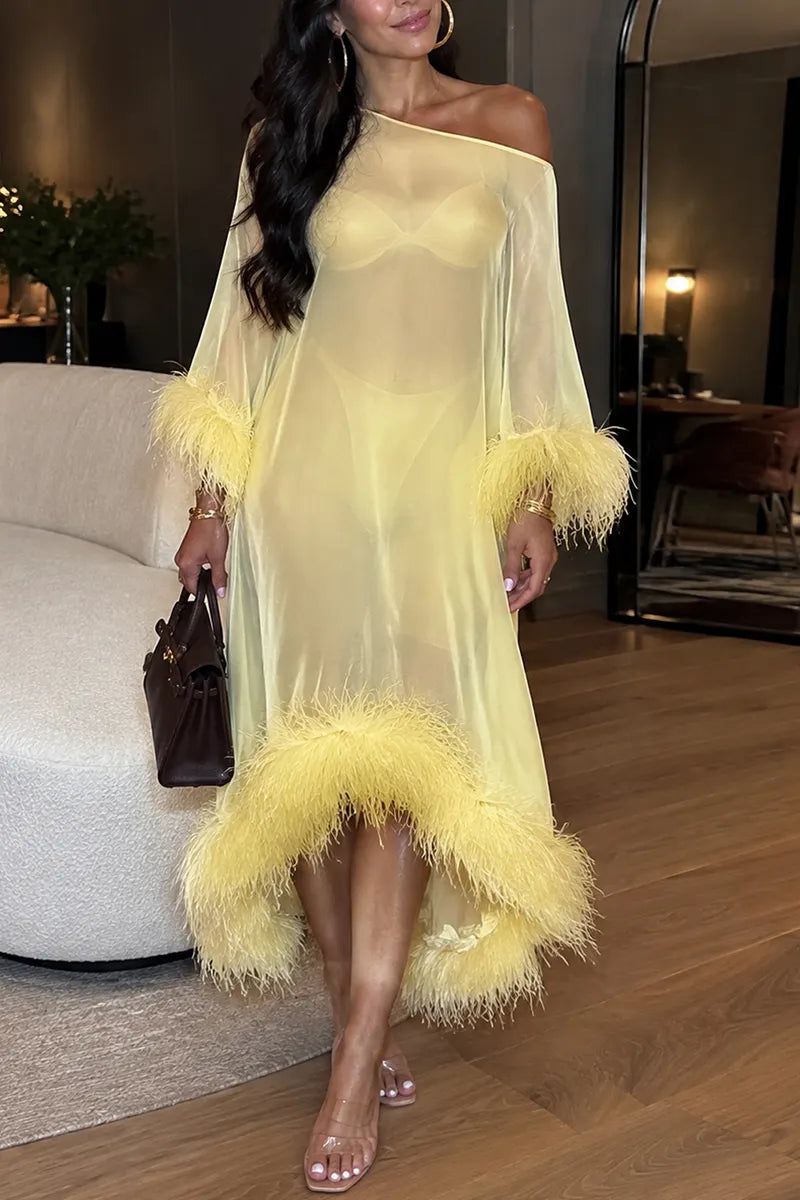 Women's Elegant Asymmetrical Feather Trim Sheer Mesh Yellow Maxi Dress