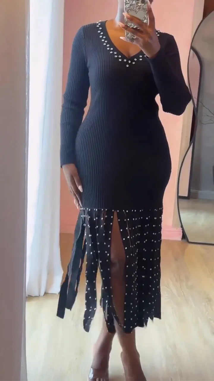 Women V-neck Patchwork Diamond Studded Tassel Elegant Temperament Knitted Dress