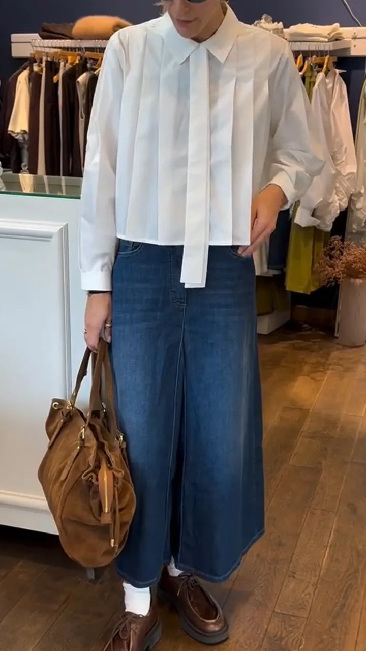Women Collared Pleated Top + Jeans Casual Suit