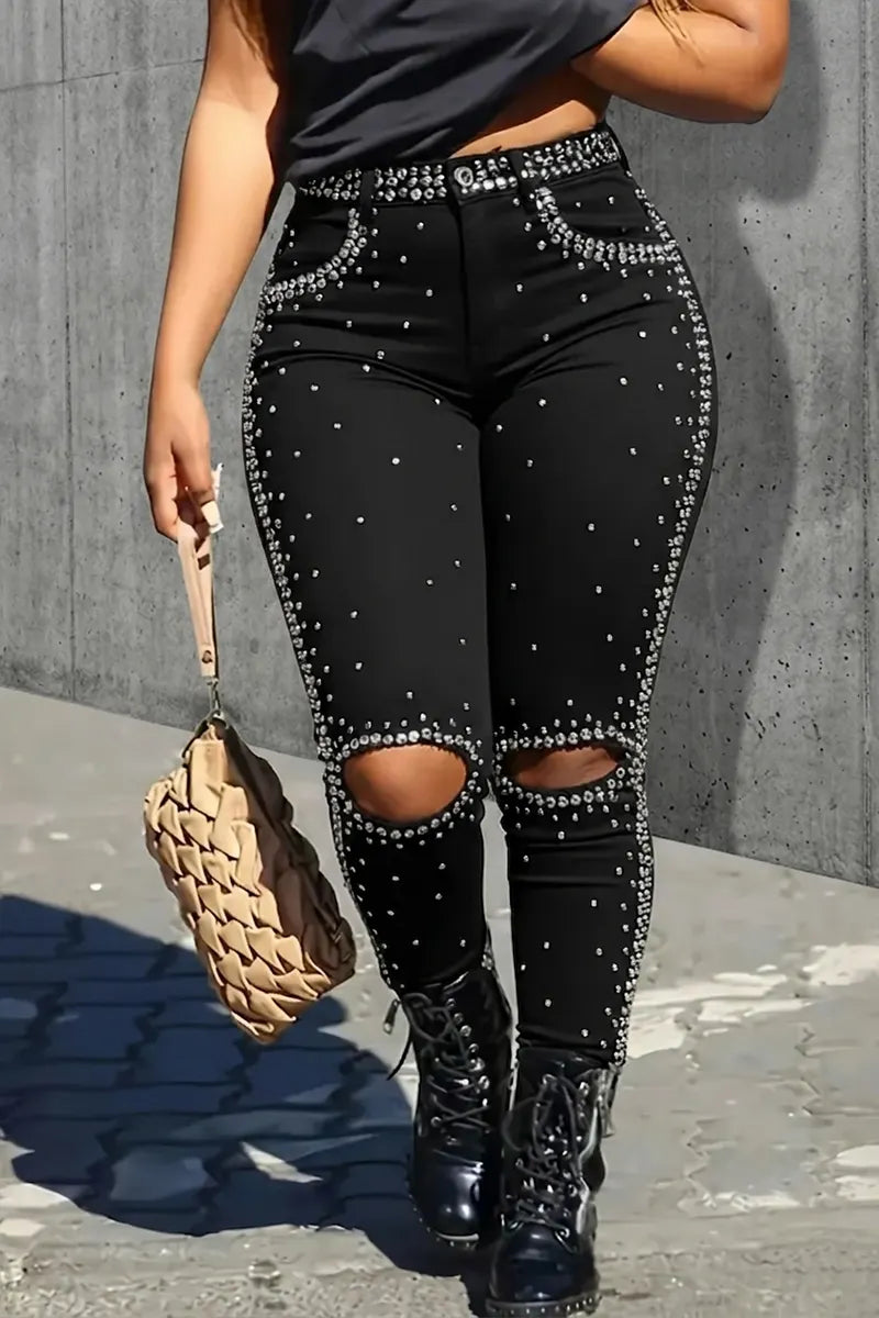 Women's Casual Rhinestone Ripped Skinny Jeans