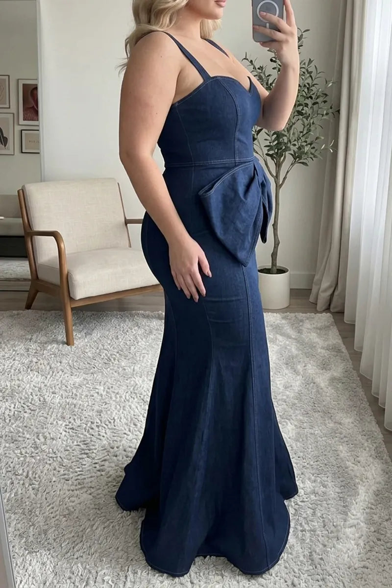 Women's Plus Size Elegant Sweetheart Mermaid Evening Gown Sleeveless Large Bow Peplum Waist Formal Cocktail Maxi Dress