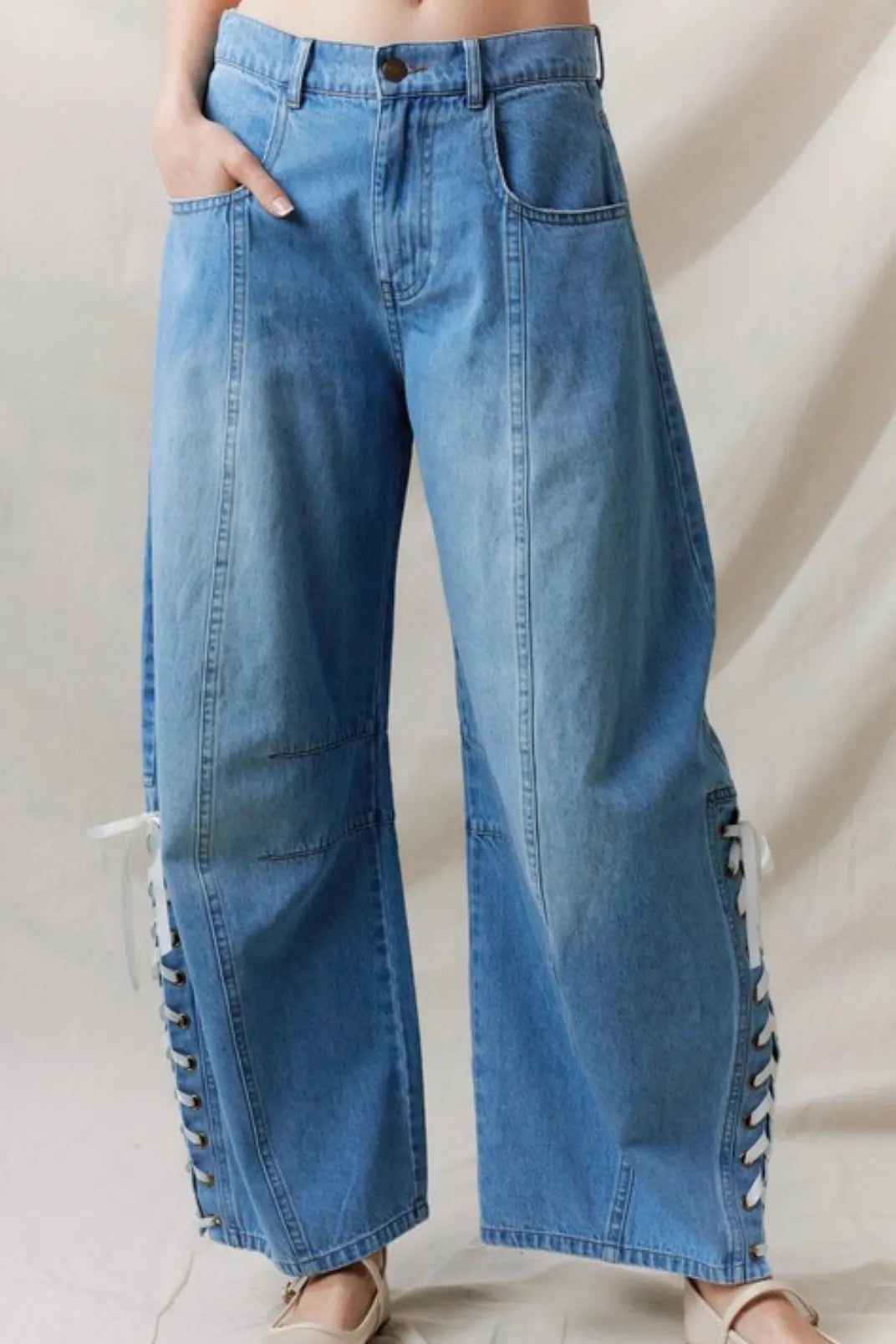 Women's Casual Lace Up Loose Barrel Jeans