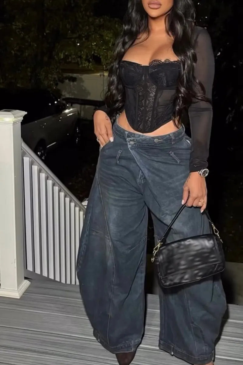 Women's Fashion Asymmetric Waistband Wide Leg Jeans