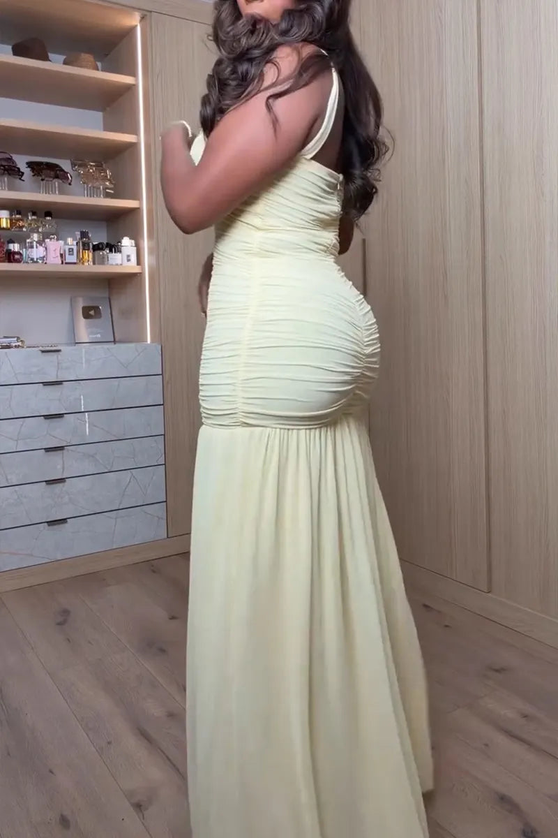 Women's Elegant Pleated Slit Hem Maxi Dress