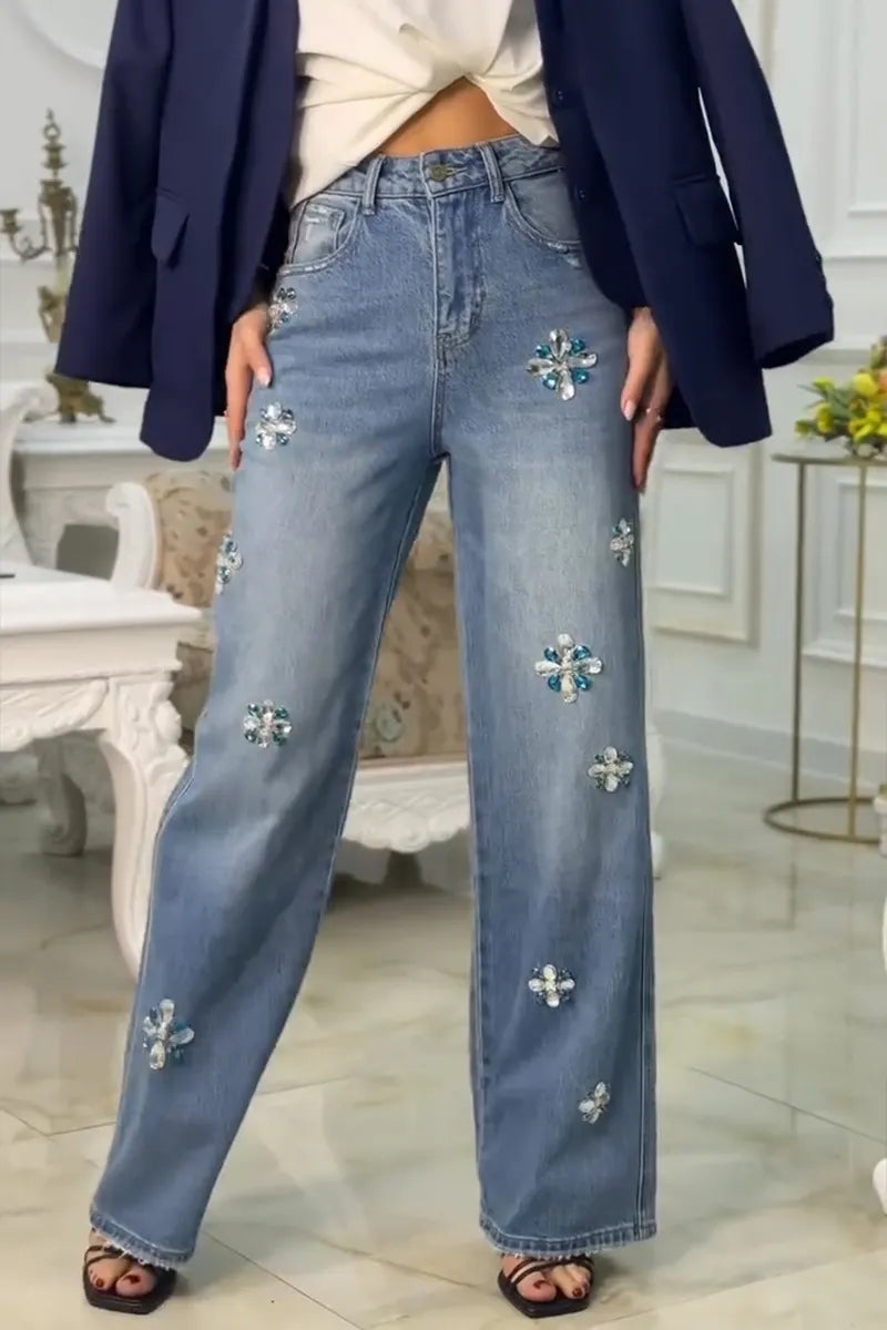 Women's Fashion Rhinestone Floral Trim Jeans