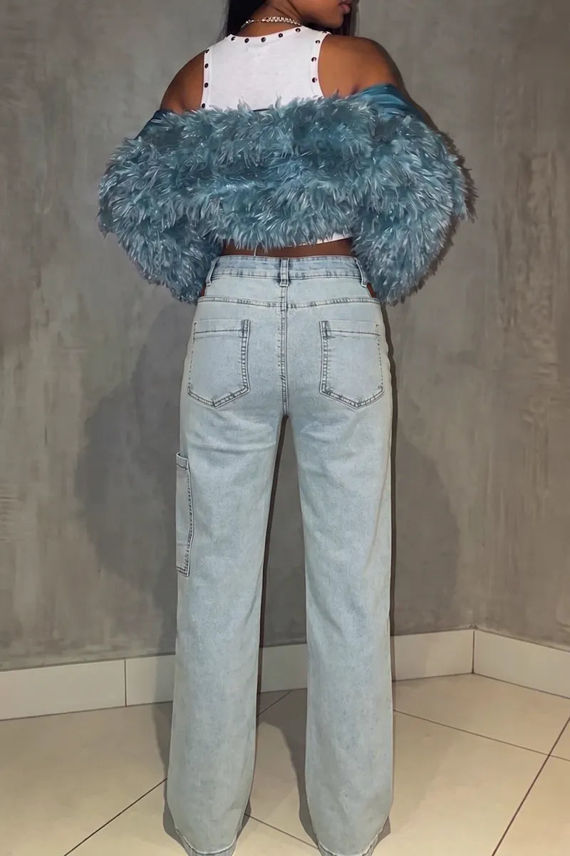 Women's Straight Leg Street Style Jeans With Cut Outs And Patchwork Pockets