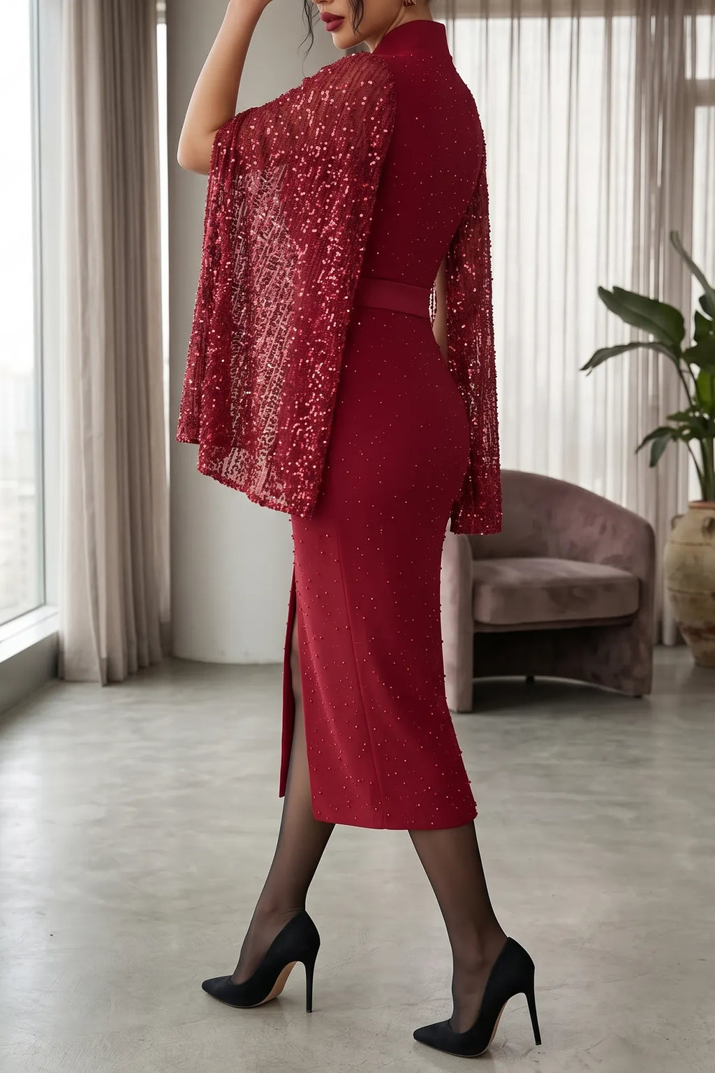 Women's Elegant Floral Lace Midi Dress Long Sleeve Scalloped V-Neck Ruched Slit Bodycon Cocktail Party Mother of the Bride Dress