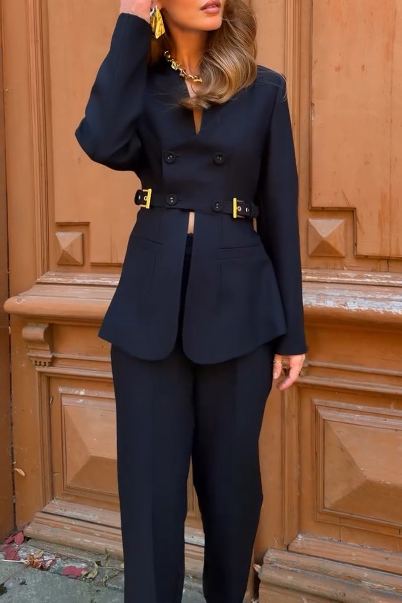 Women's Fashion V-Neck Double-Breasted Blazer or Suit Pants