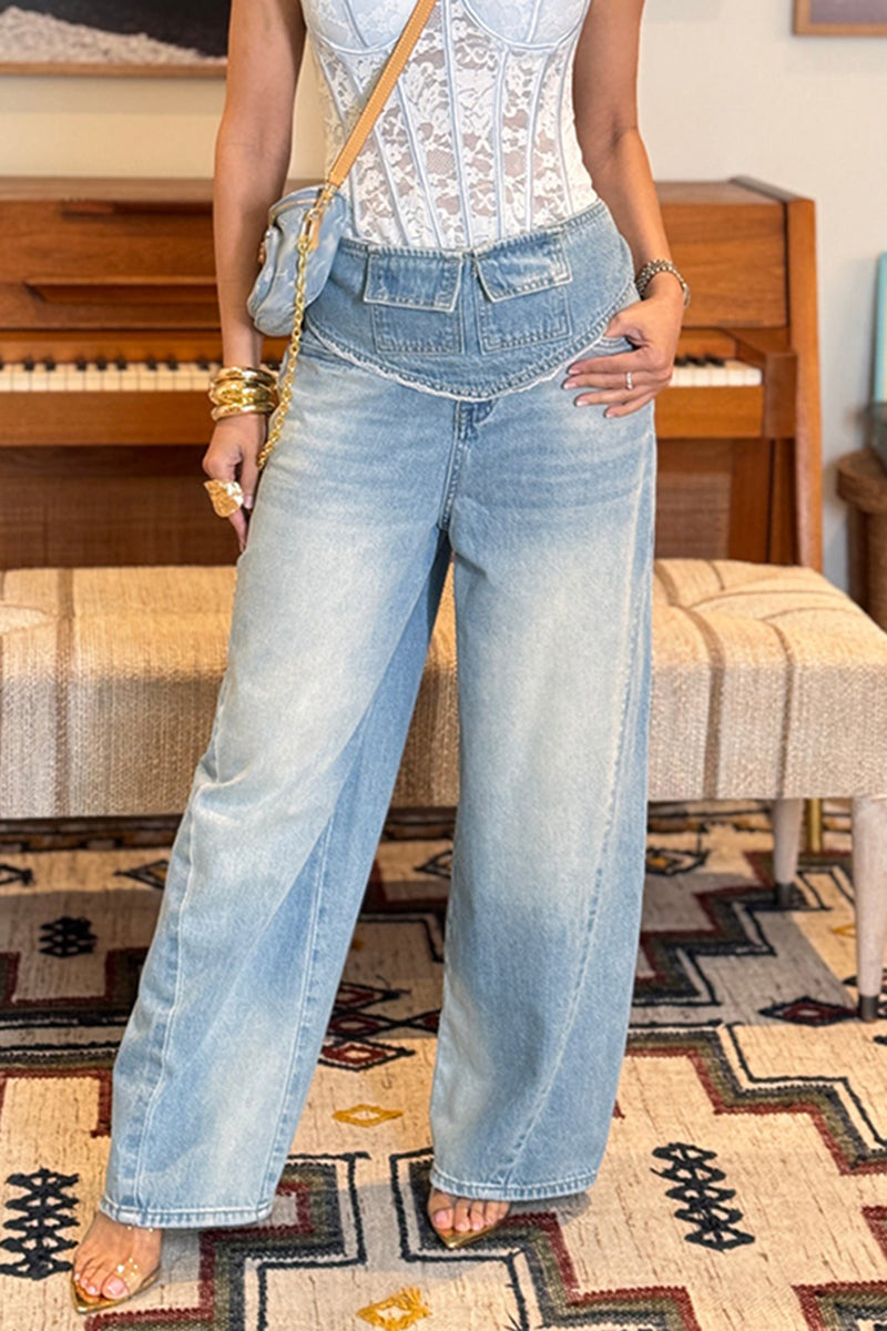 Women's Fashion Wide Leg Jeans (with Lace Panel Waist Cincher)