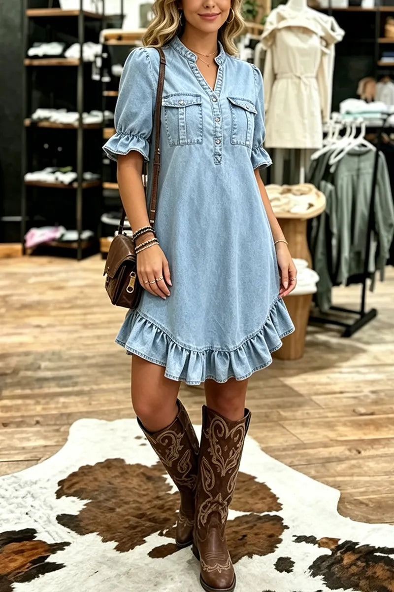 Women's Casual Ruffle Hem Washed Denim Mini Dress
