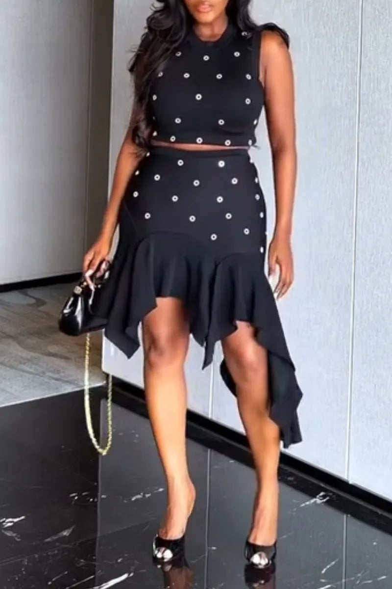Women's Round Neck Top+ Patchwork Irregular Skirt Elegant Casual Set