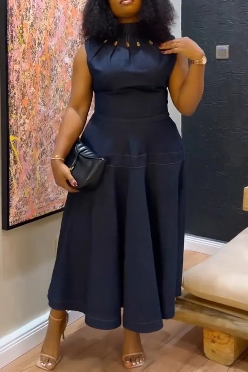 Women Round Neck Sleeveless Waist Cinched Elegant Casual Denim Maxi Dresses