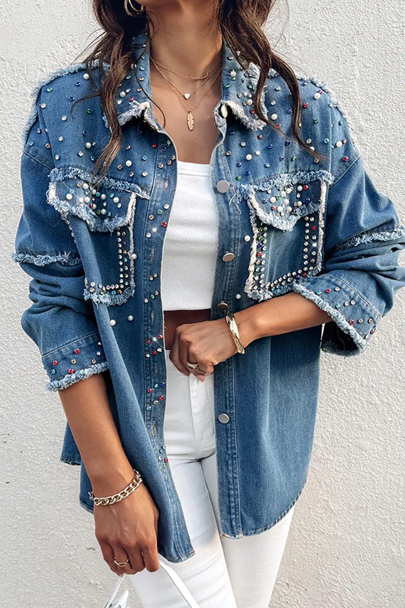 Designer Beaded Washed Raw Trim Denim Jacket