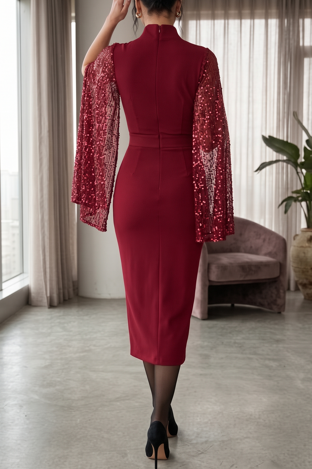 Women's Elegant Floral Lace Midi Dress Long Sleeve Scalloped V-Neck Ruched Slit Bodycon Cocktail Party Mother of the Bride Dress
