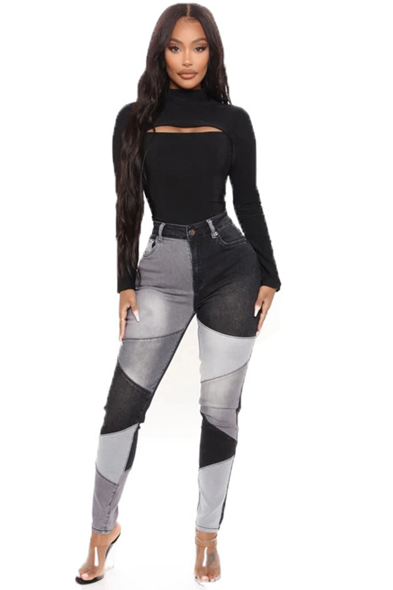 Fashion Color Block Stretch High Rise Jeans