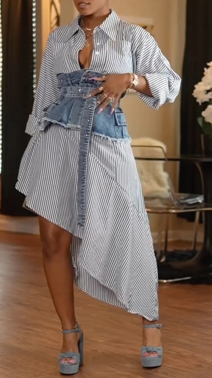 Women's Striped Dress + Denim Waist Belt Casual Set