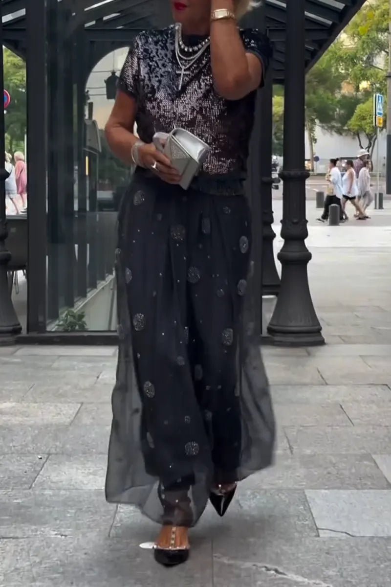 Women's Round Neck Sequined Top or Rhinestone Patterned Patchwork Skirt