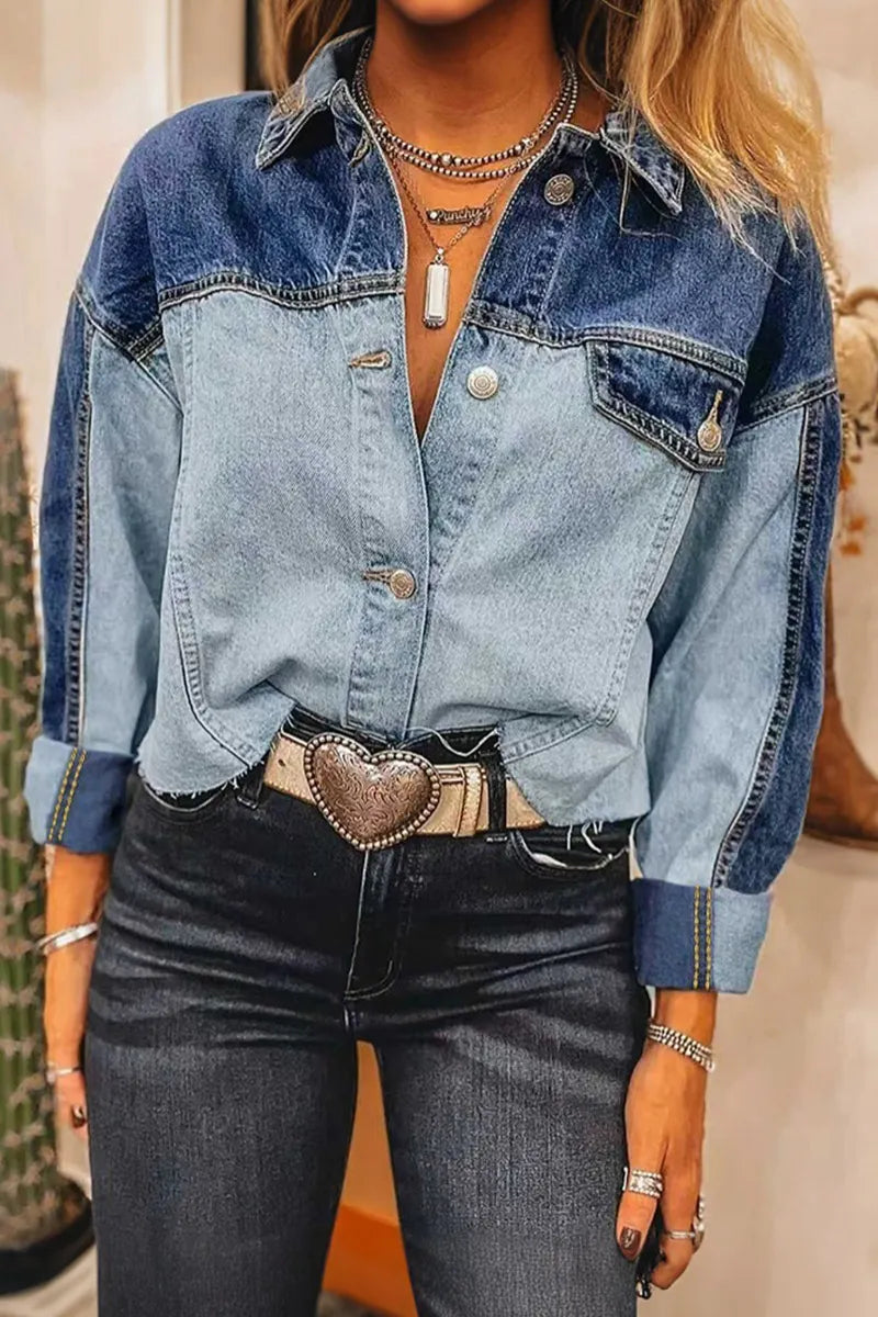 Casual Color Block Washed Raw Trim Denim Jacket