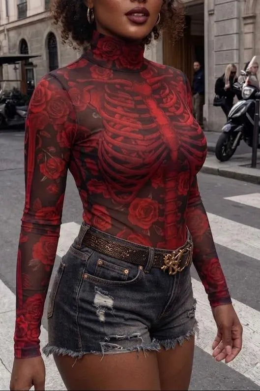 Women's Gothic Skeleton Floral Print Mesh Top Mock Neck Long Sleeve Sheer See Through Slim Fit Blouse Clubwear