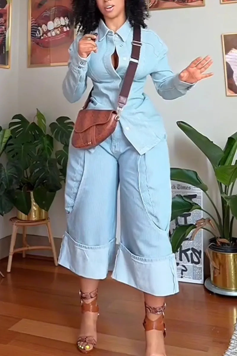Women's Collar Vertical Striped Denim Shirt or Patchwork Jeans