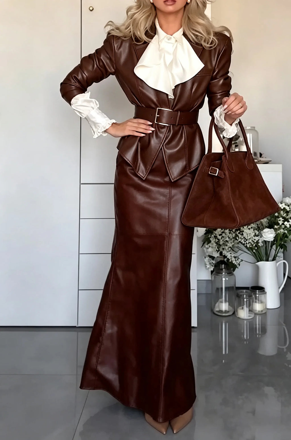Women's Elegant Lapel Leather Jacket with Belt or Skirt