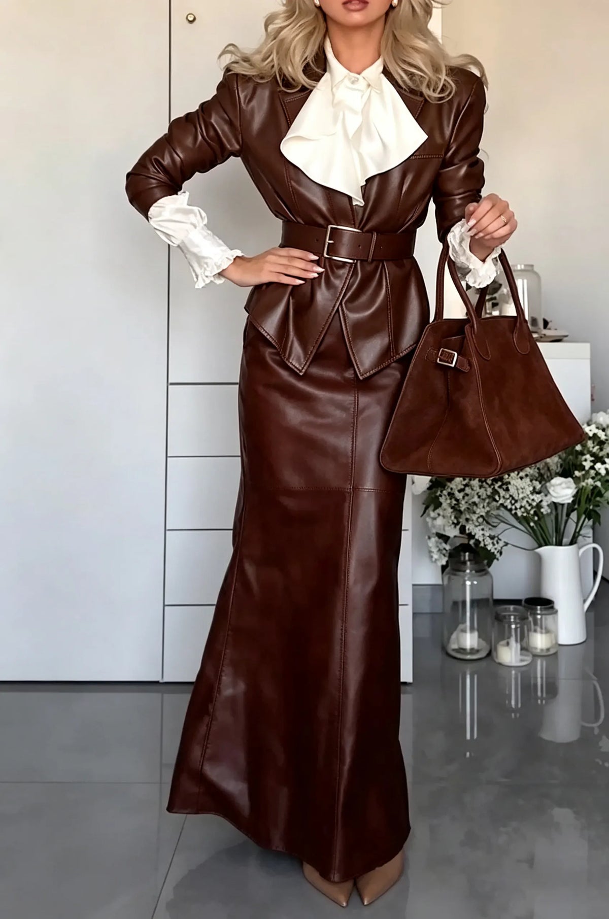 Women's Elegant Lapel Leather Jacket with Belt or Skirt